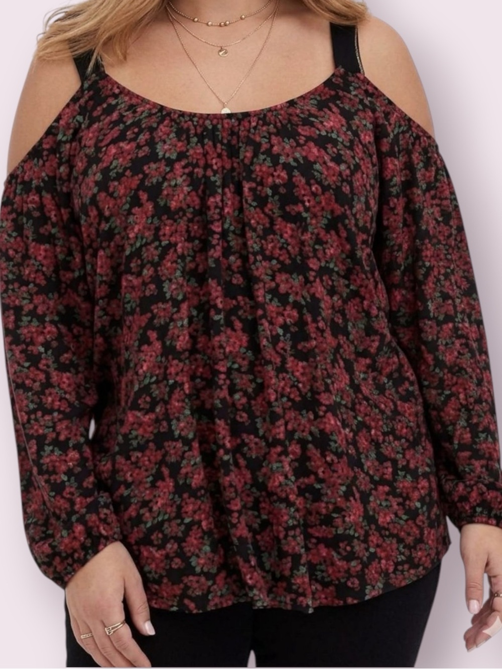 Torrid Crinkle Gauze Cold Shoulder Long Sleeve Floral Top Black Red Size 3X
